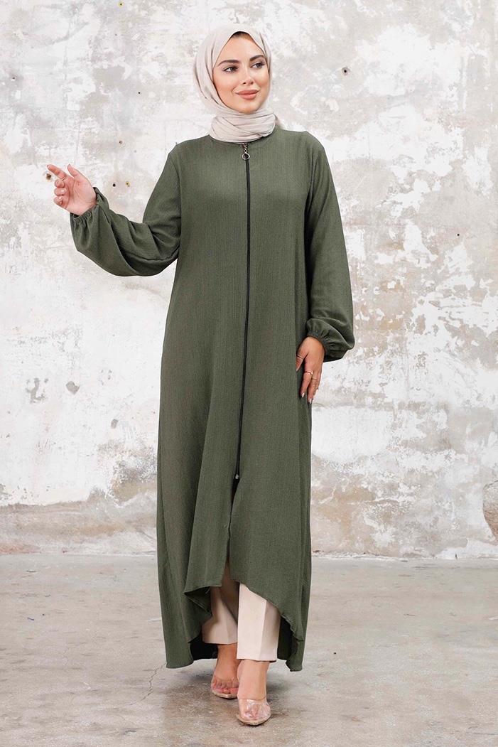 Asimetrik Fermuarlı Ferace 1250 - Haki