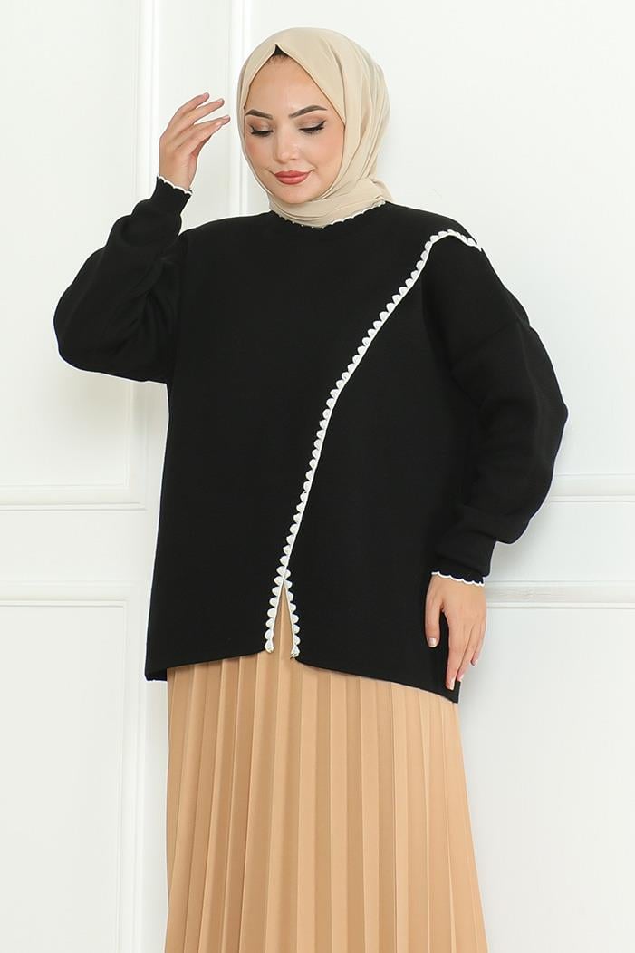 Asimetrik Kesim Triko Kazak 1194- Siyah