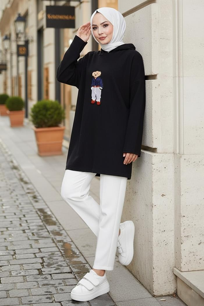 Asiya Oversize Ayı Nakışlı Kapüşonlu Tunik 1335 - Siyah