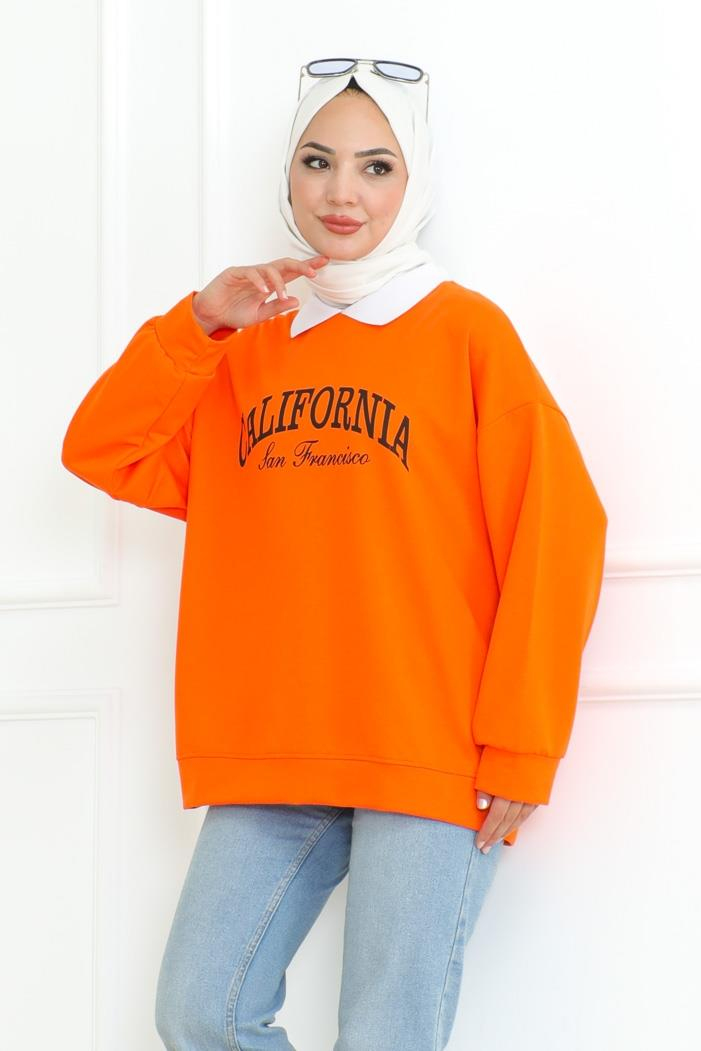 Calıfornıa Baskılı Gömlek Yaka Tunik 1099 - Turuncu