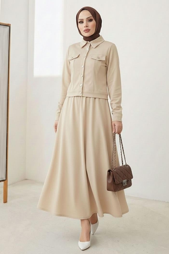 Ceket Etek Scuba İkili Takım 1614 - Bej