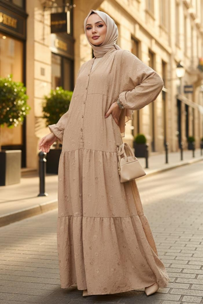 Cense Yarım Düğmeli Elbise 1496 - Bej
