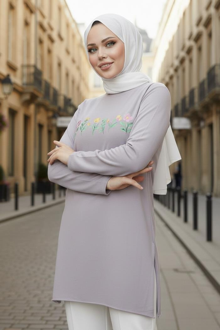 Çiçek Desen Tesettür Tunik 1425 - Taş