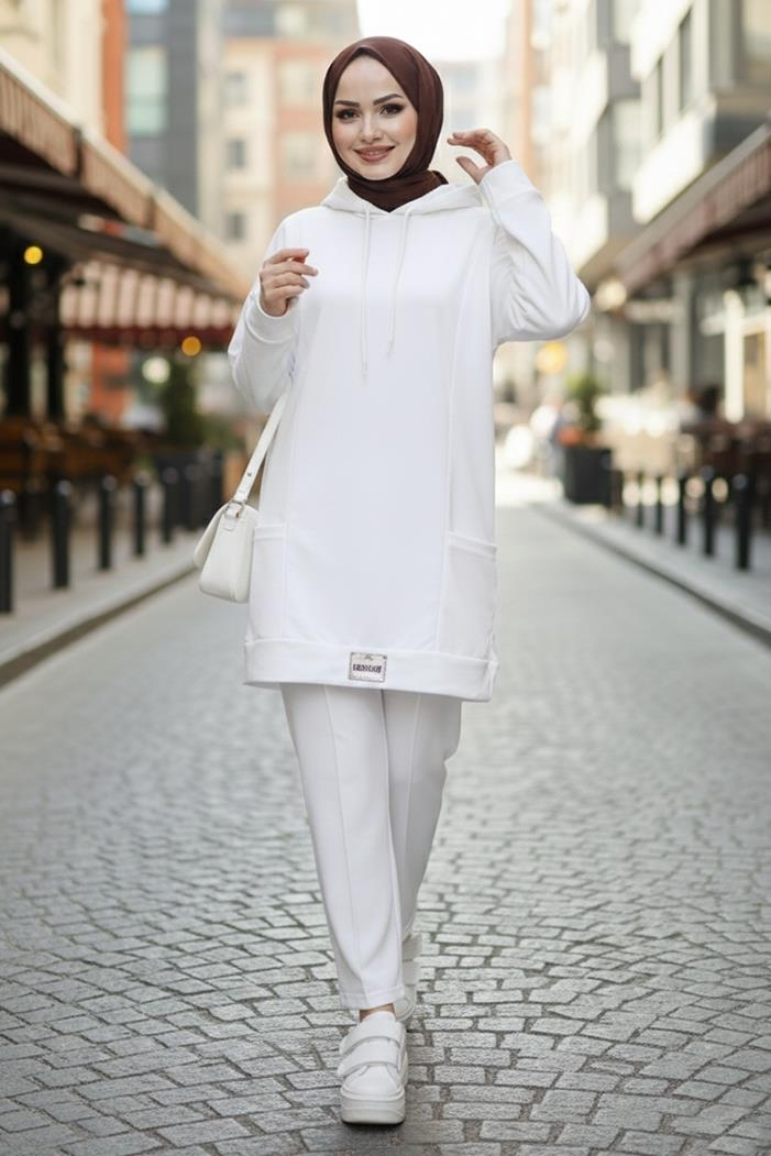 Çift Cepli Kapüşonlu İkili Takım 1668 - Beyaz
