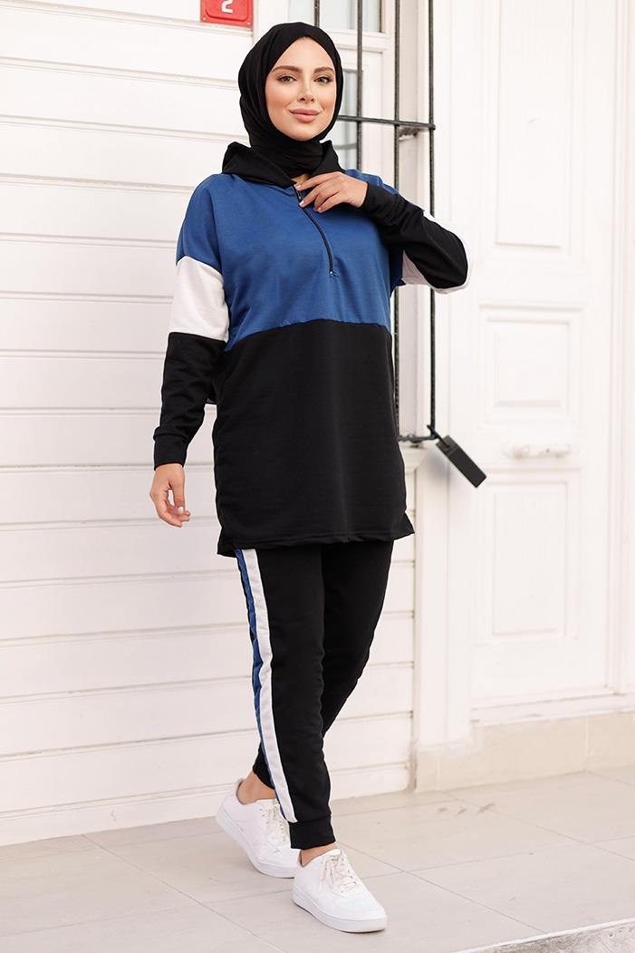 Çift Renkli Kapüşonlu Fermuar Detay Tunik Pantolon İkili Takım 132 - Saks Mavisi