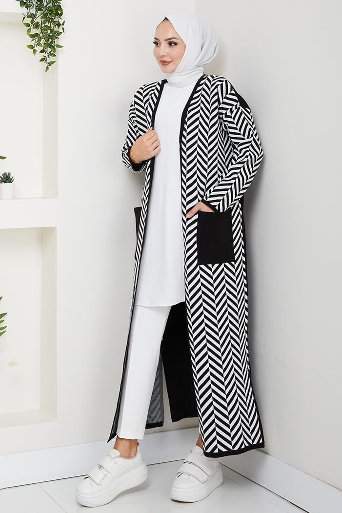 Çizgi Detaylı Triko Hırka 1604 - Siyah