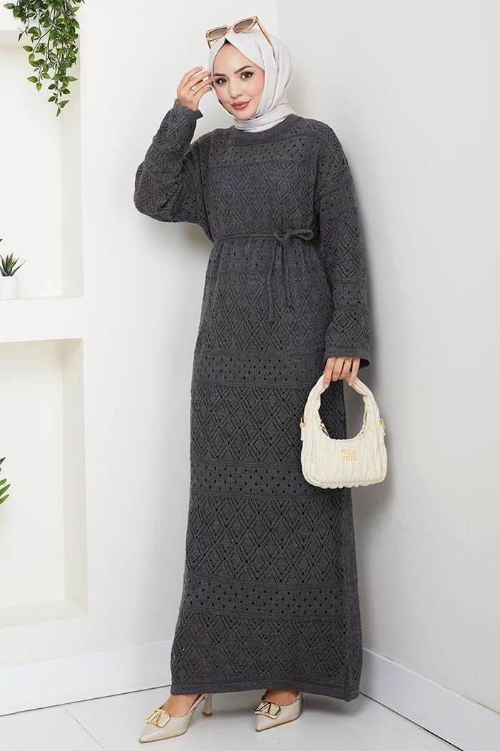 Dantel Motifli Astarlı Triko Elbise 1601 - Antrasit