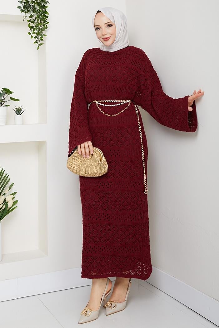 Dantel Motifli Astarlı Triko Elbise 1601 - Bordo
