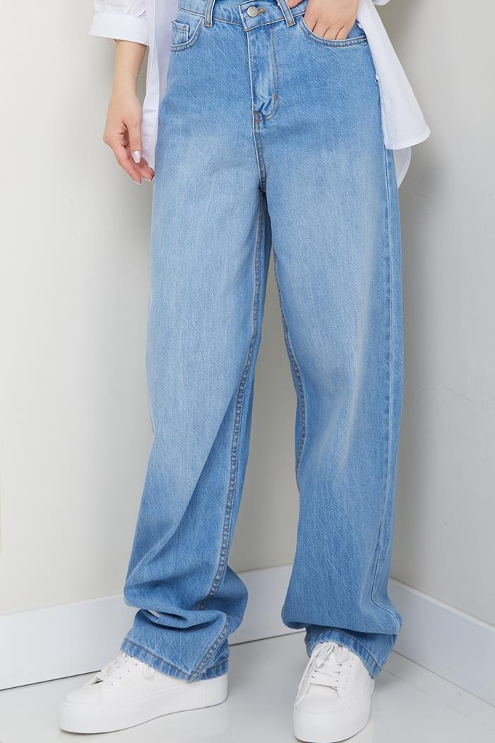 Dökümlü Baggy Kot Pantolon 1513 - Açık Mavi