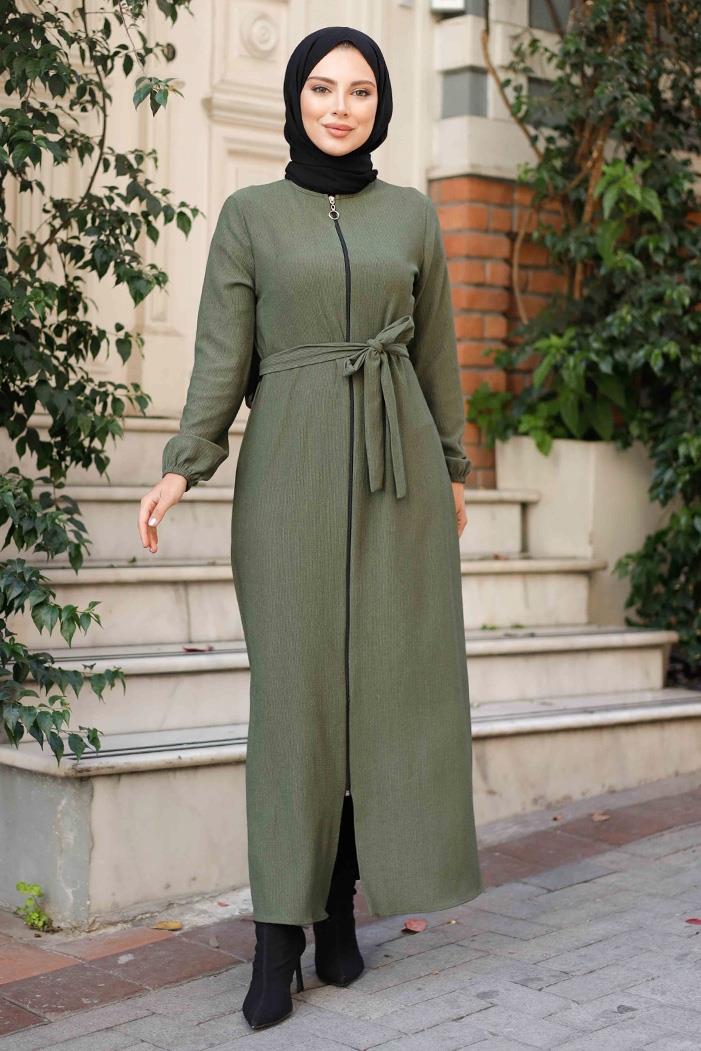 Edna Fermuarlı Tesettür Ferace 1265 - Haki