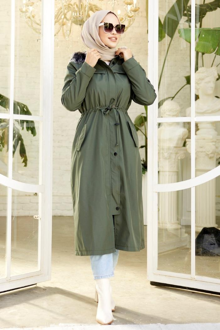 Eflal Tünel Kemerli Gizli Fermuarlı Tesettür Mont 403 - Haki