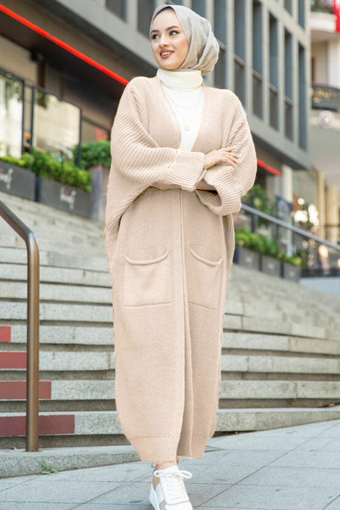 Eftalya Çift Cepli Uzun Triko Tesettür Hırka 329 - Bej