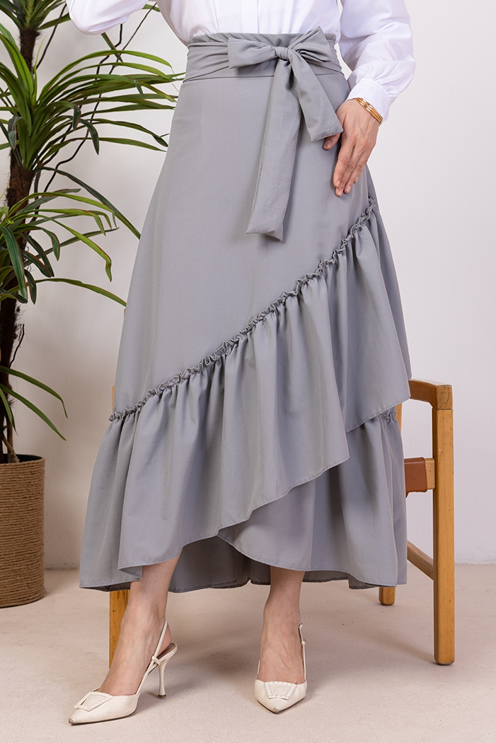 Fırfır Detaylı Kemerli Etek 1403 - Gri