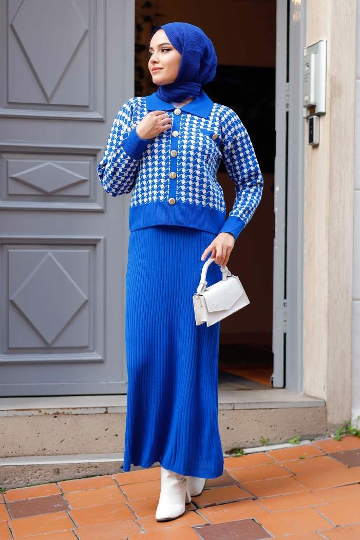 Jeli Elbise Hırka İkili Triko Takım 1220 - Saks Mavisi