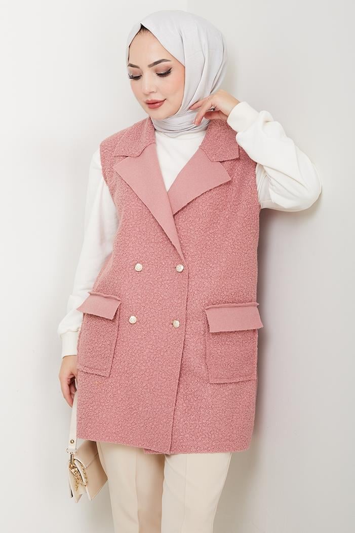 Kapak Cepli Düğmeli Yelek 1649 - Pembe