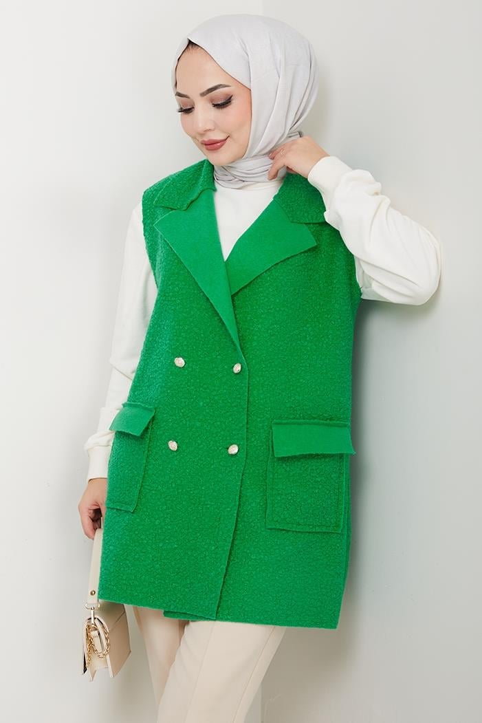 Kapak Cepli Düğmeli Yelek 1649 - Yeşil
