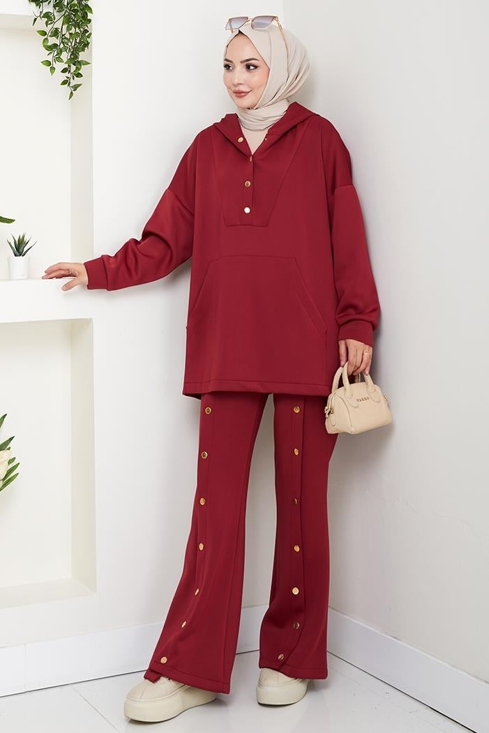 Kapüşonlu Düğme Detaylı Scuba Takım 1592 - Bordo
