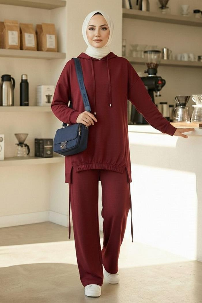Kapüşonlu Tunik Pantolon Takım 1682 - Bordo