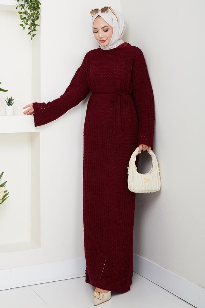 Kemerli Dantel Detay Astarlı Triko Elbise 1602 - Bordo
