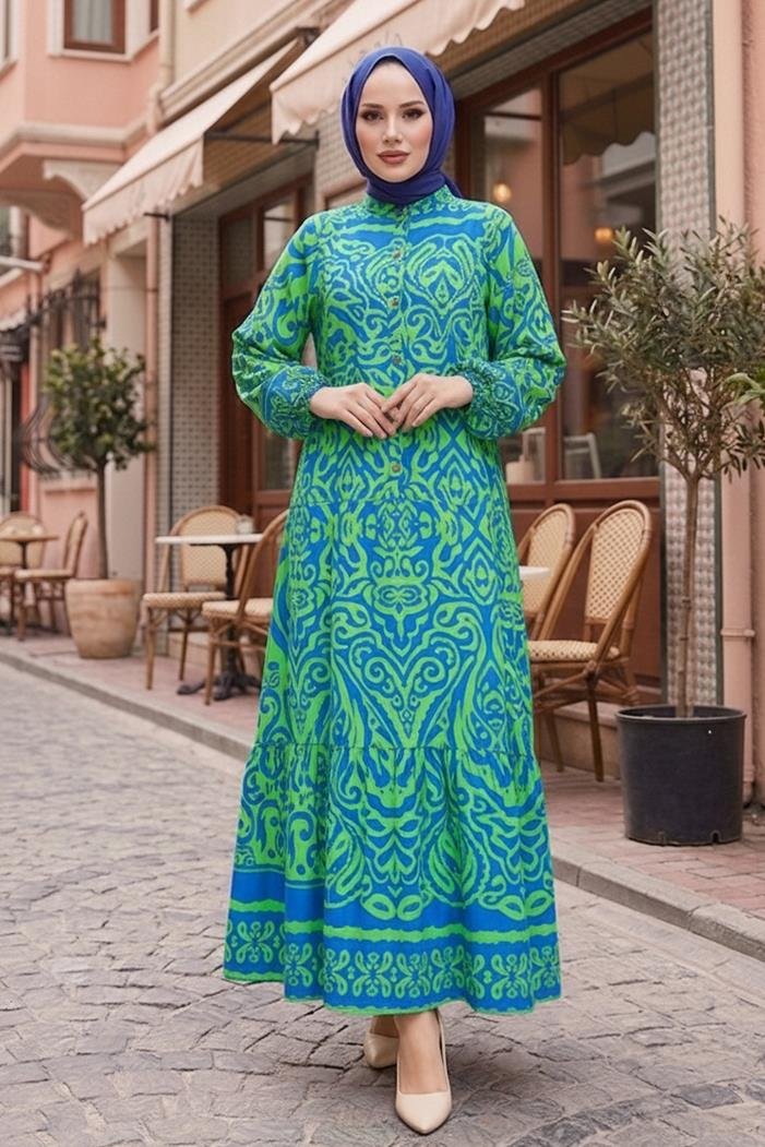 Laysa Desenli Viskon Elbise 1721 - İndigo