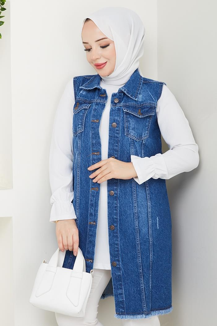 Nesa Püsküllü Kot Yelek 1527 - Mavi