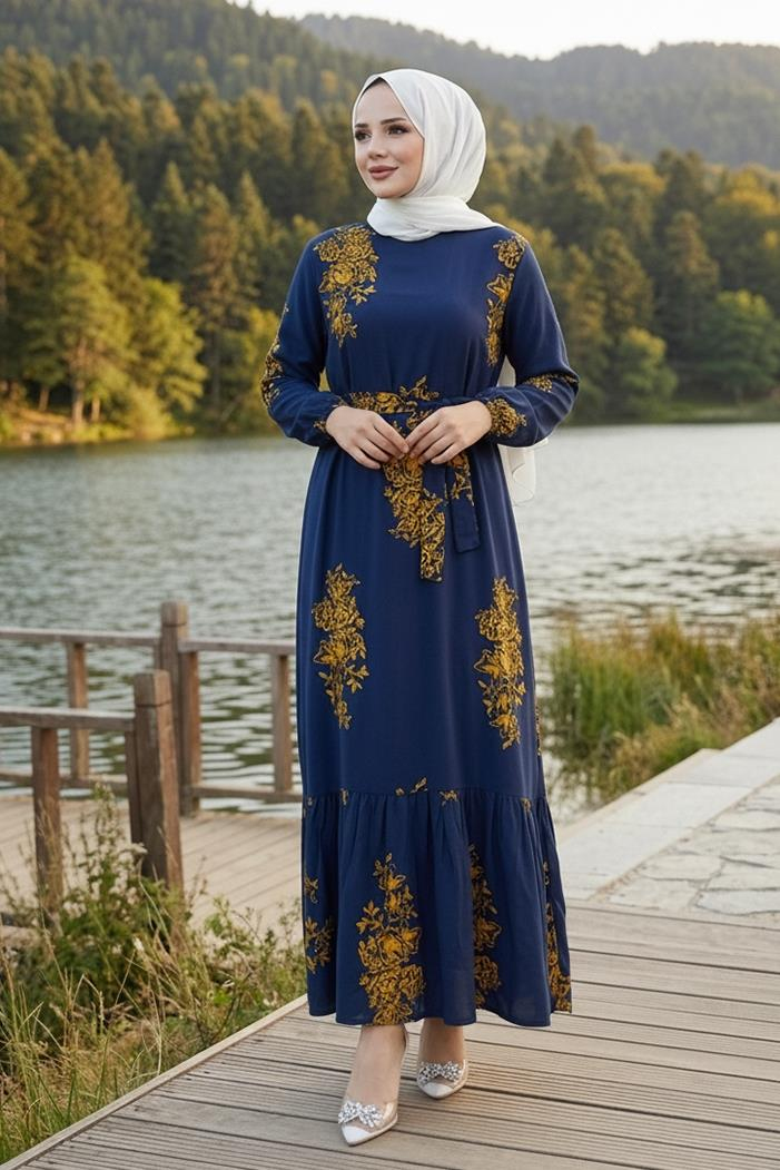 Noyra Desenli Viskon Elbise 1722 - Lacivert