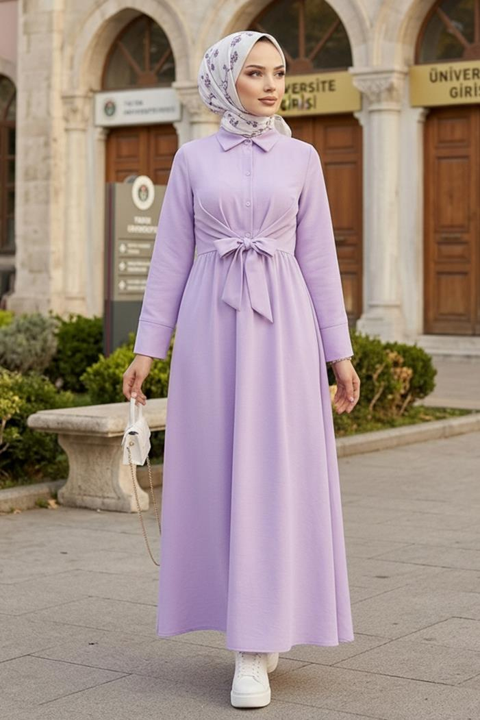 Renda Belden Bağlamalı Elbise 1467 - Lila