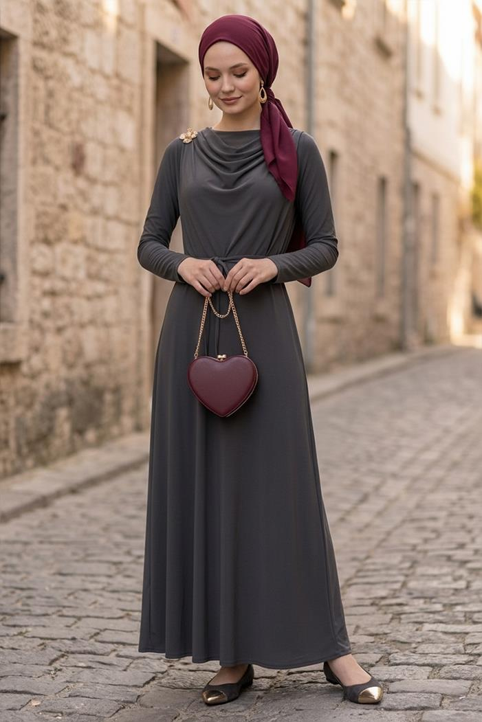 Şal Bağlamalı Elbise 1691 - Antrasit