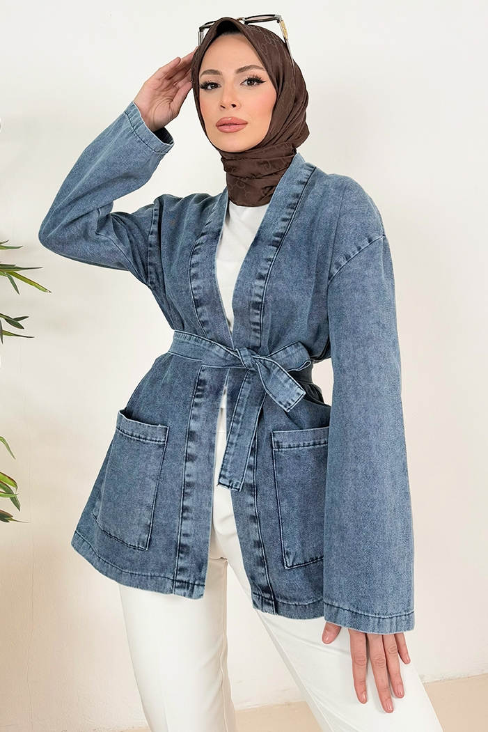 Siyel Çift Cep Kuşaklı Kot Kimono 1384 - Mavi