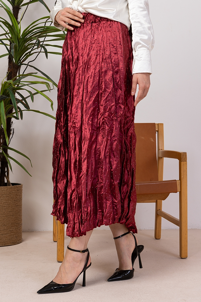 Taşlı Beli Lastikli Etek 1401 - Bordo