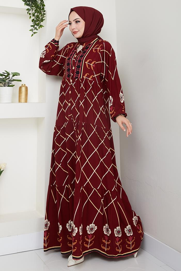 Yarasa Kol Yarım Düğmeli Dokuma Viskon Elbise 1483 - Bordo
