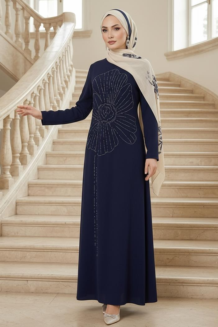 Zeral Taş İşlemeli Abiye 1200 - Lacivert