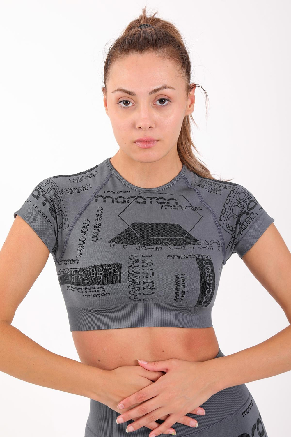 Maraton Active SlimFit Kadın Bisiklet Yaka  Kısa Kol Koşu Crop Top 811037