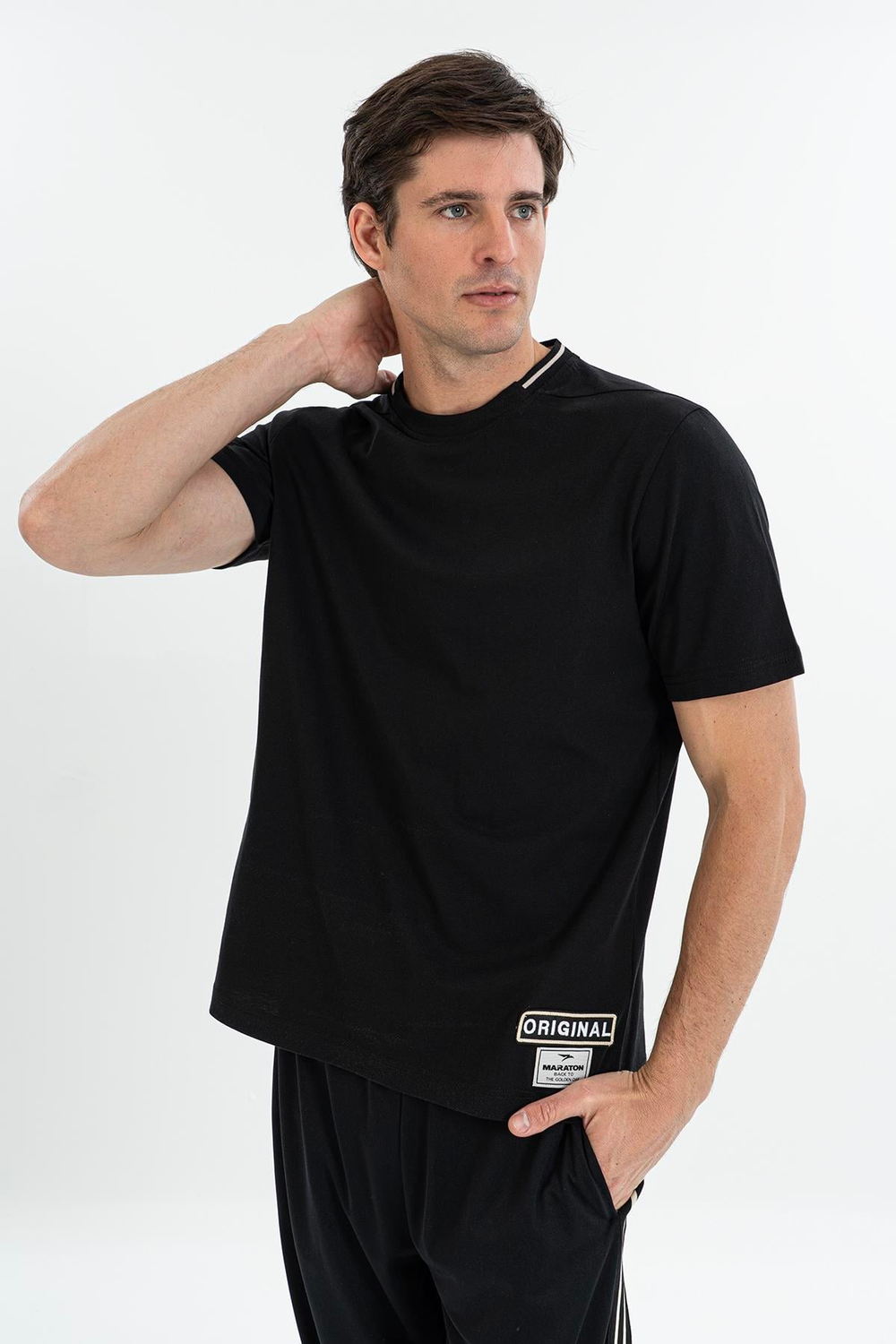Maraton Comfort Erkek Bisiklet Yaka  Takma Kol Siyah T-shirt 23878