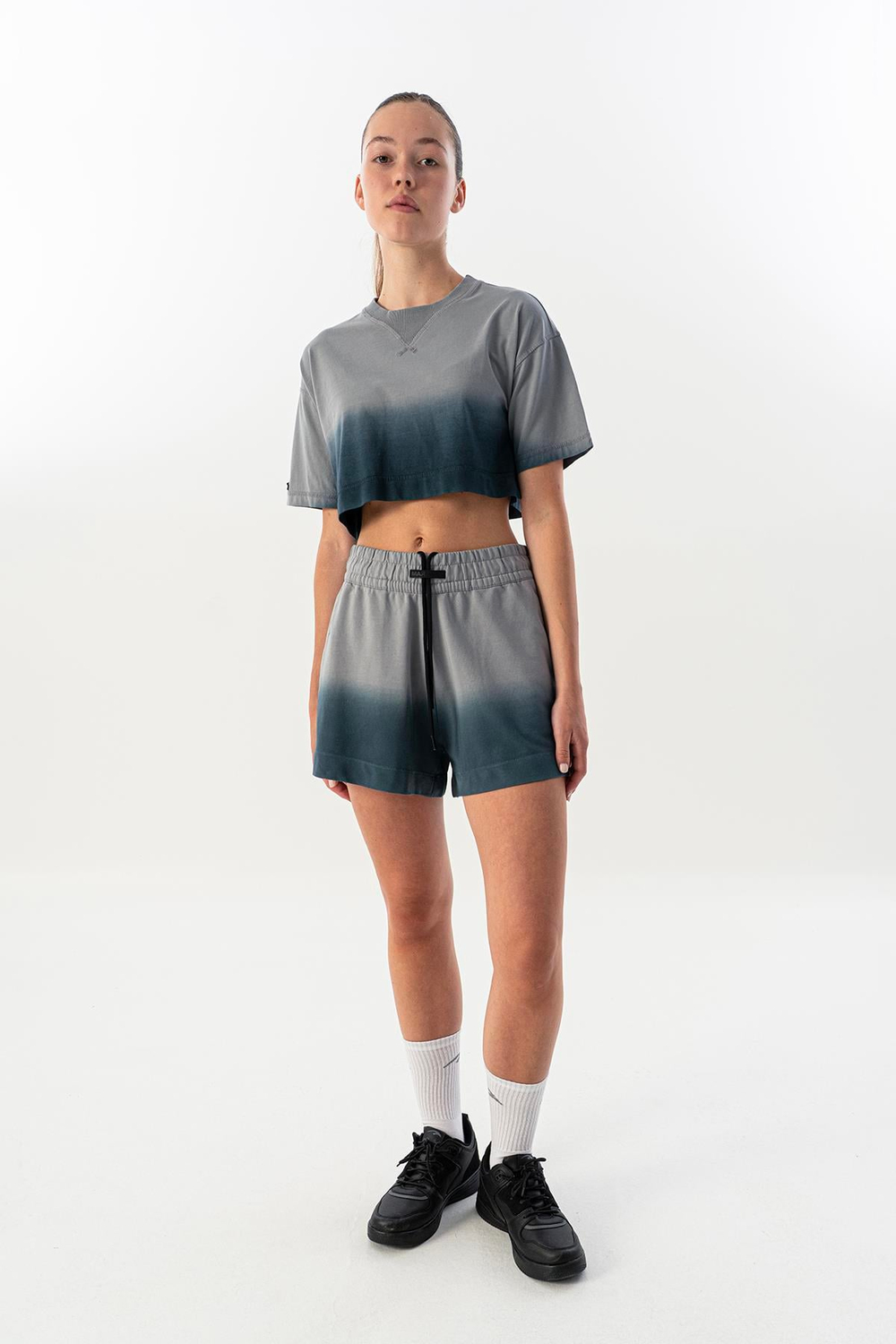 Maraton Comfort Kadın Bisiklet Yaka  Düşük Kol Gri Crop Top 23815