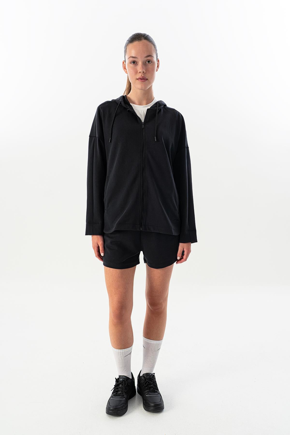 Maraton Comfort Kadın Kapşonlu  Düşük Kol Siyah Tracktop 23913