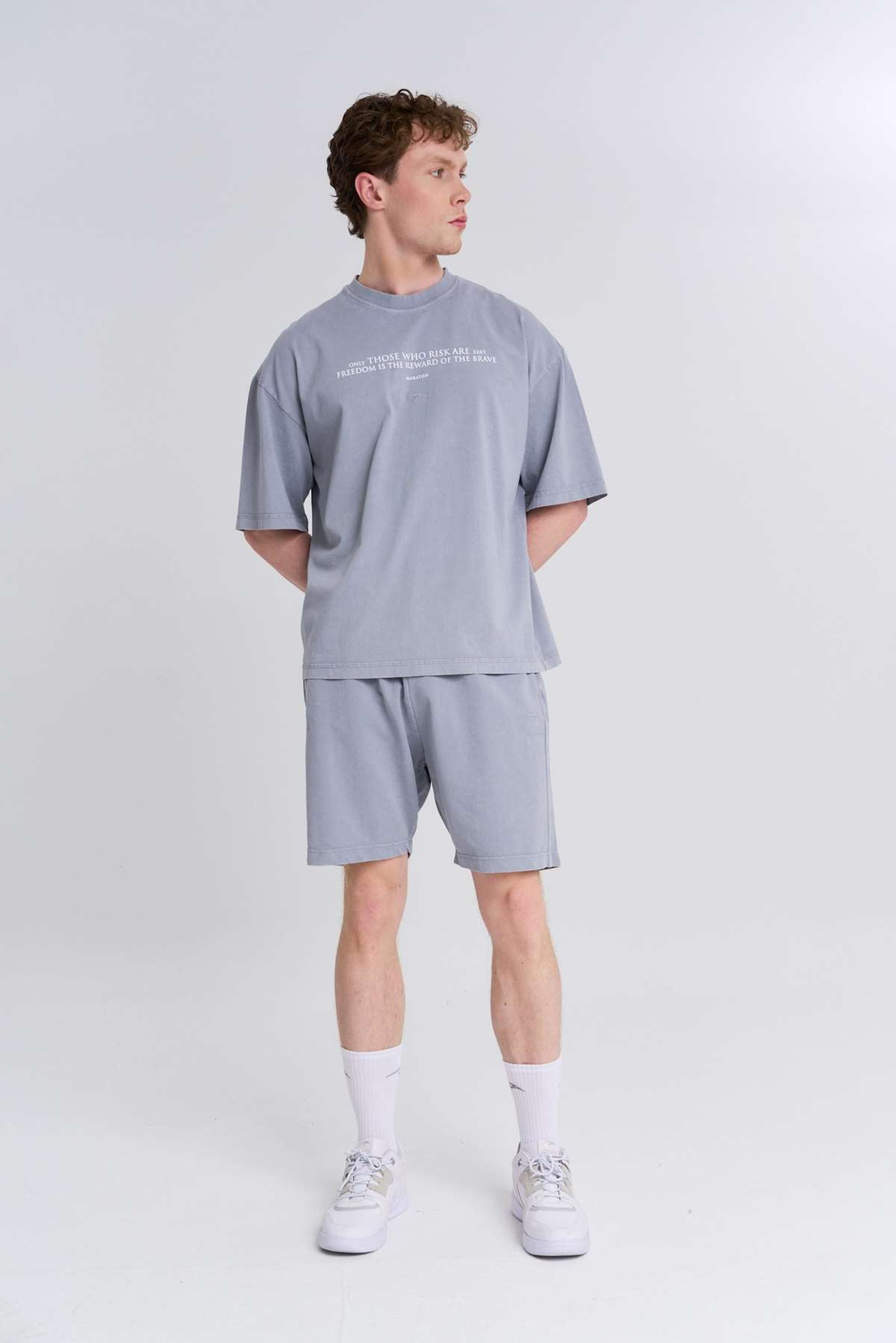 Maraton Oversize Erkek Bisiklet Yaka  Gri- T-shirt