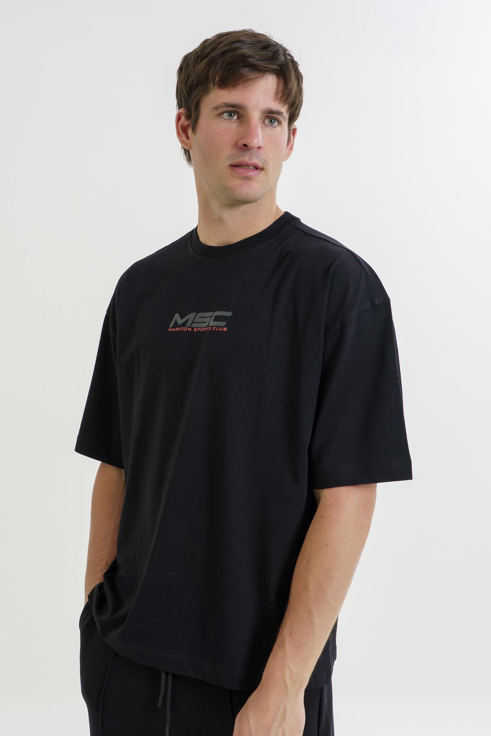 Maraton Oversize Erkek Bisiklet Yaka  Kısa Kol Siyah T-shirt