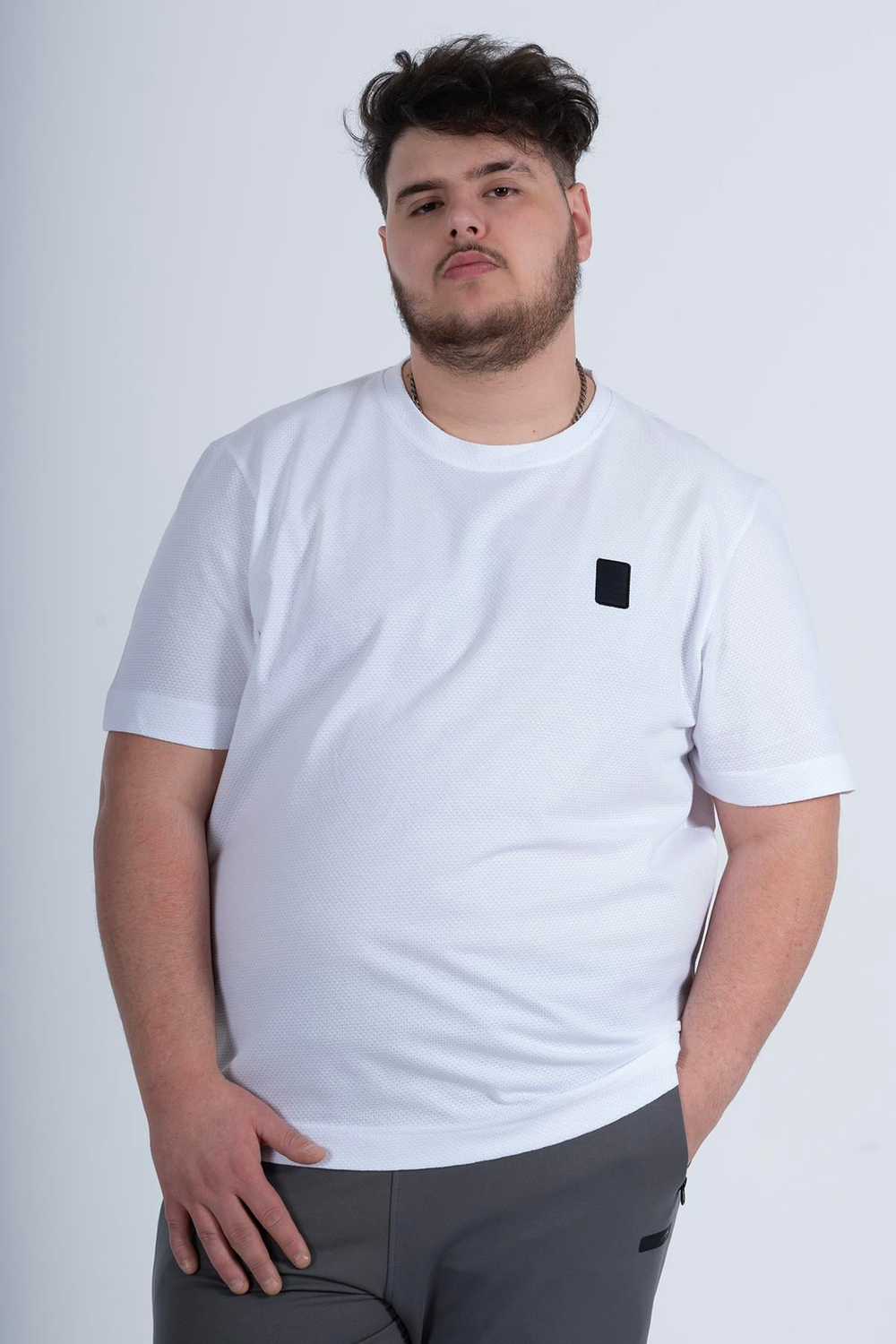 Maraton Sportswear Büyük Beden Erkek Bisiklet Yaka  Takma Kol Basic Beyaz T-shirt 22639