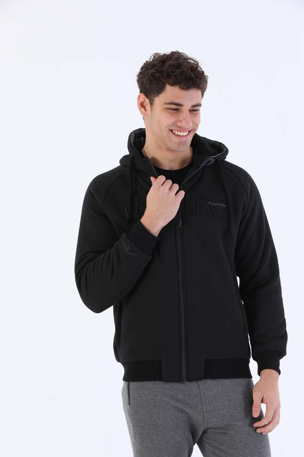 Maraton Sportswear Comfort Erkek Kapşonlu  Uzun Kol Basic Siyah Eşofman Üstü 20278