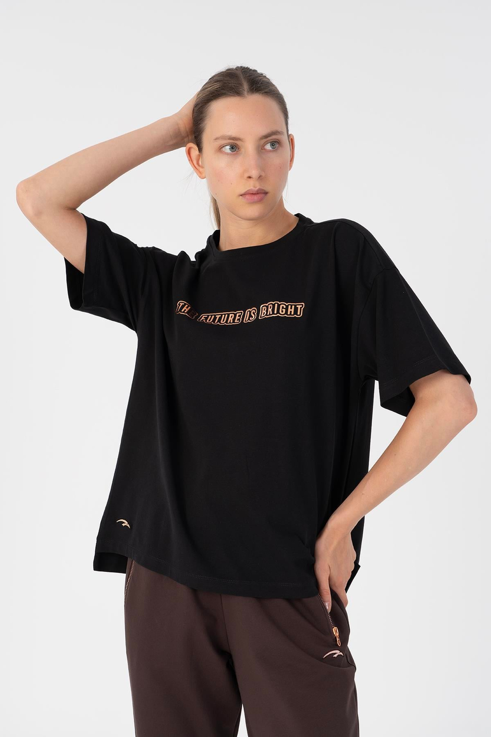 Maraton Sportswear Comfort Kadın Bisiklet Yaka  Düşük Kol Basic Siyah T-shirt 23051