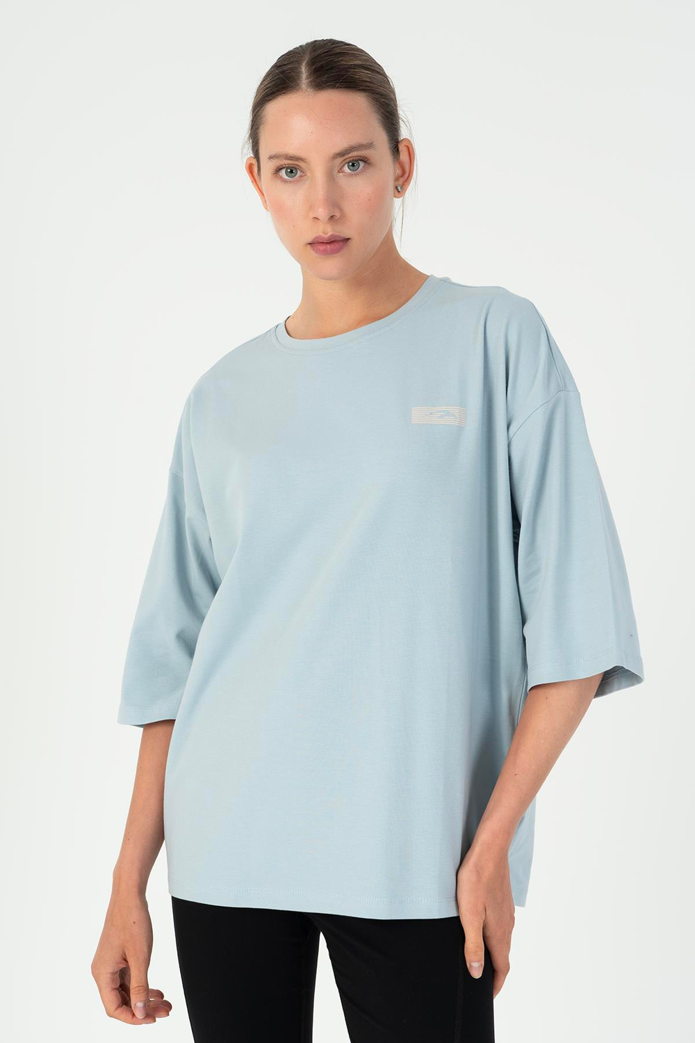 Maraton Sportswear Comfort Kadın Bisiklet Yaka  Düşük Kol Basic Sisli Mavi T-shirt 23072