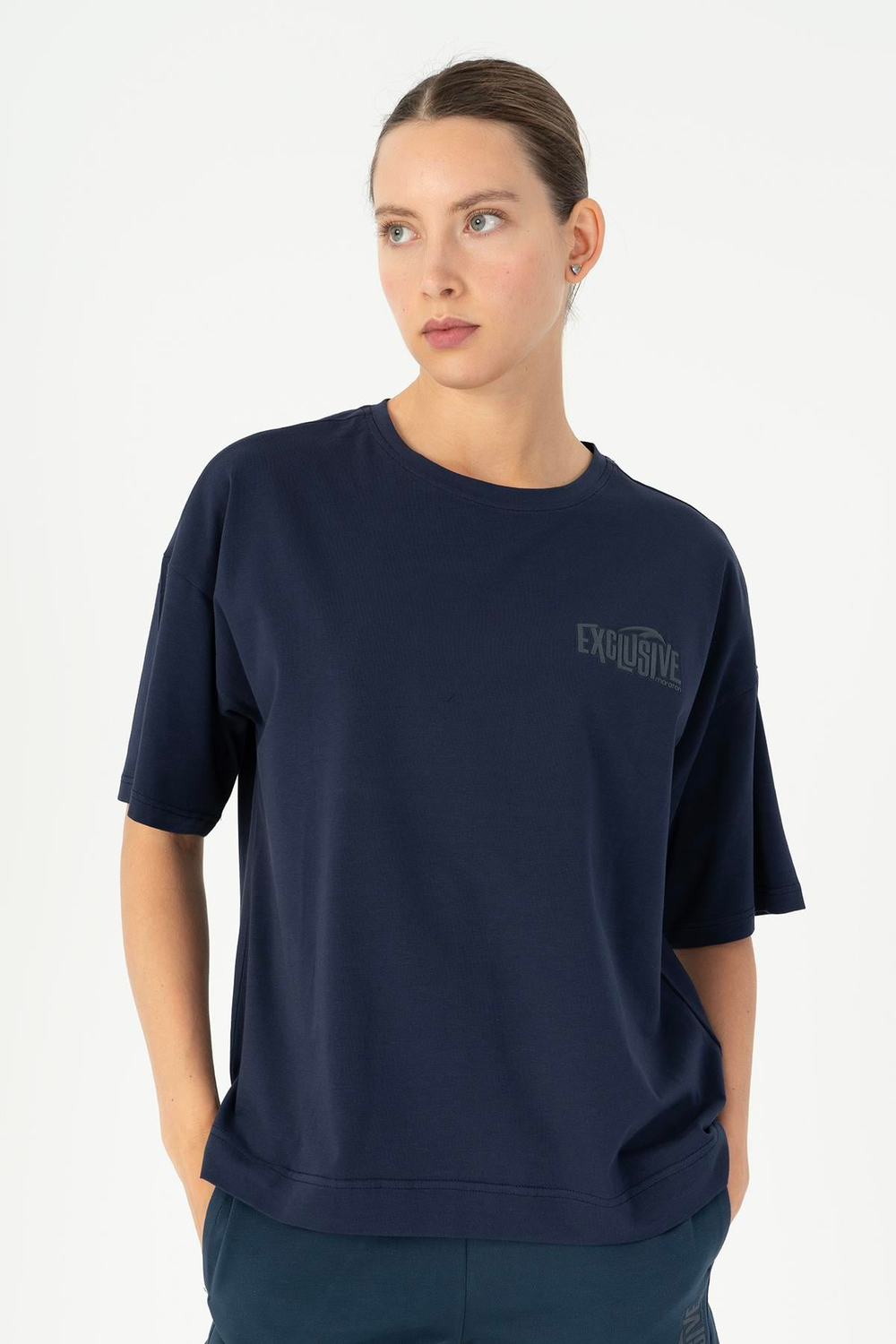 Maraton Sportswear Comfort Kadın Bisiklet Yaka  Düşük Kol Basic Açık Lacivert T-shirt 23080