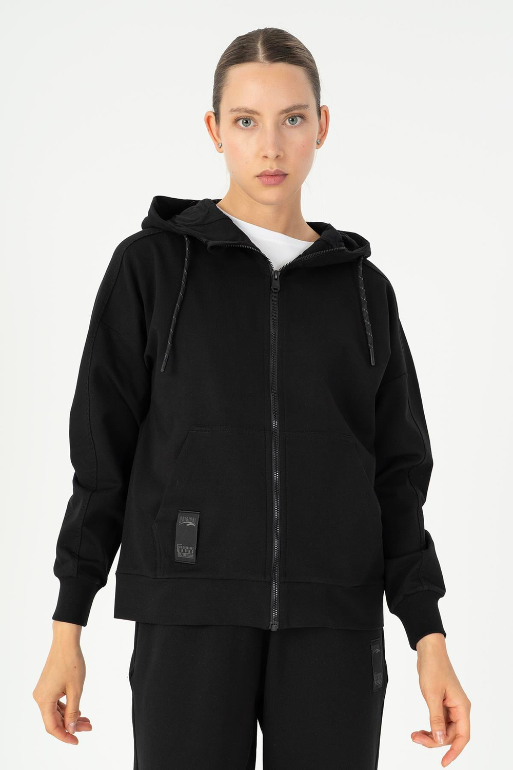 Maraton Sportswear Comfort Kadın Kapşonlu  Düşük Kol BASICS Siyah Tracktop 23110