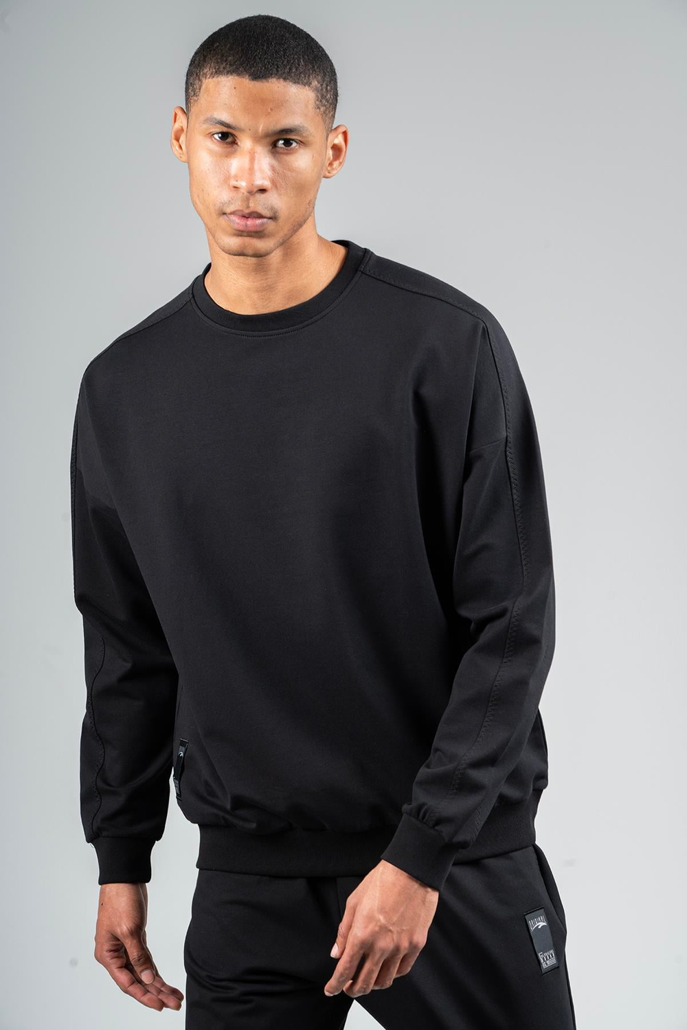 Maraton Sportswear Oversize Erkek Bisiklet Yaka  Düşük Kol Basic Siyah Sweatshirt 23116