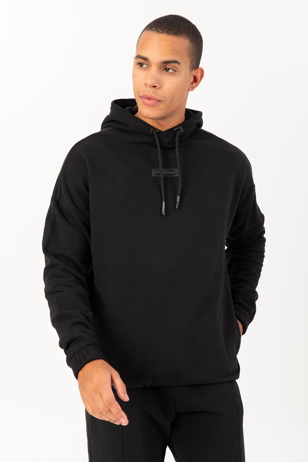 Maraton Sportswear Oversize Erkek Kapşonlu  Düşük Kol Basic Siyah Sweatshirt 22385