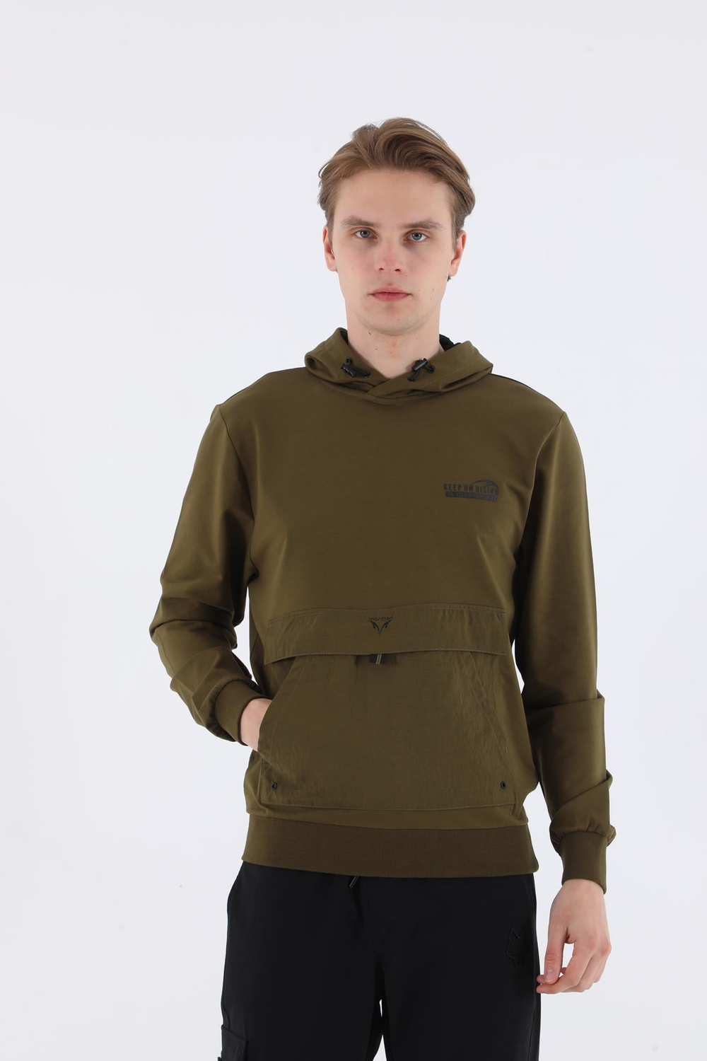 Maraton Sportswear Oversize Erkek Kapşonlu  Uzun Kol Basic Zeytin Sweatshirt 20562
