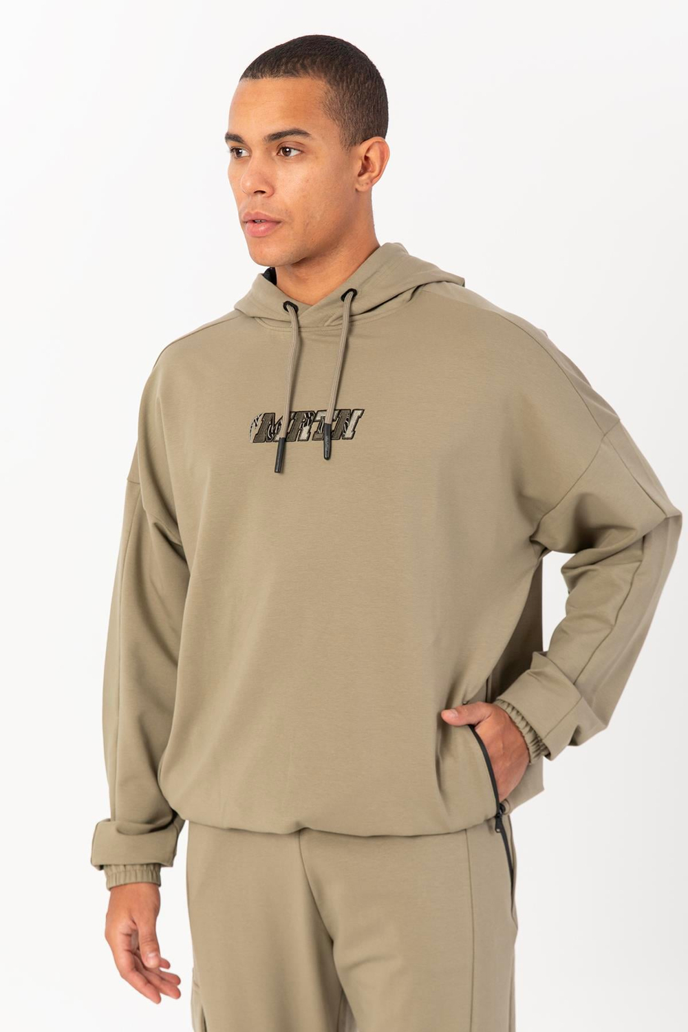 Maraton Sportswear Oversize Erkek Kapşonlu  Düşük Kol Basic Açık Haki Sweatshirt 22465