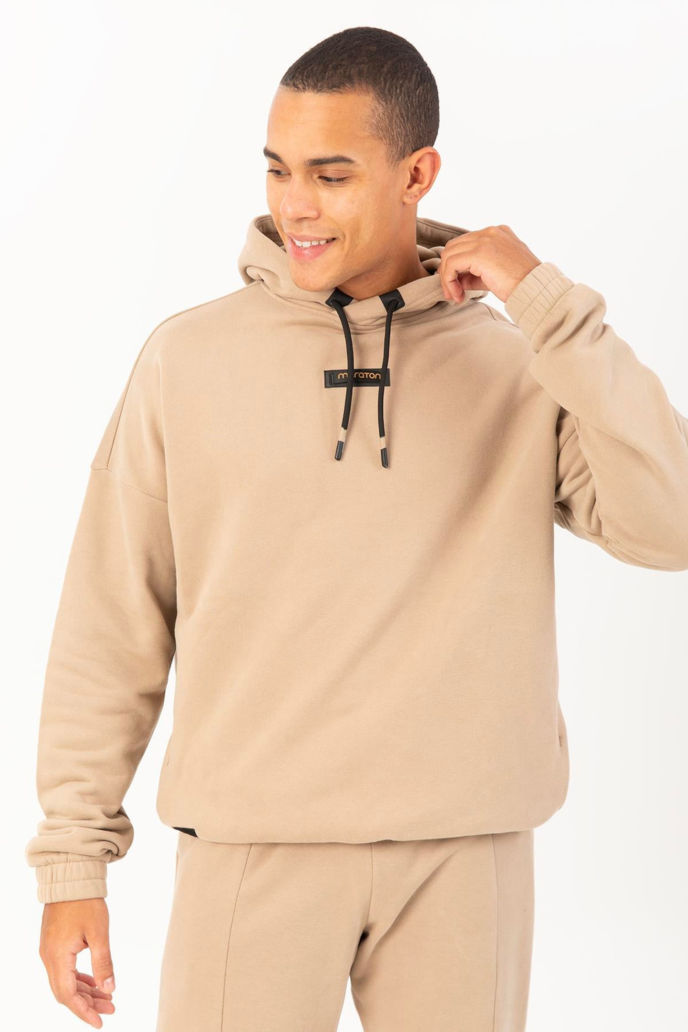 Maraton Sportswear Oversize Erkek Kapşonlu  Düşük Kol Basic Açık Vizon Sweatshirt 22385