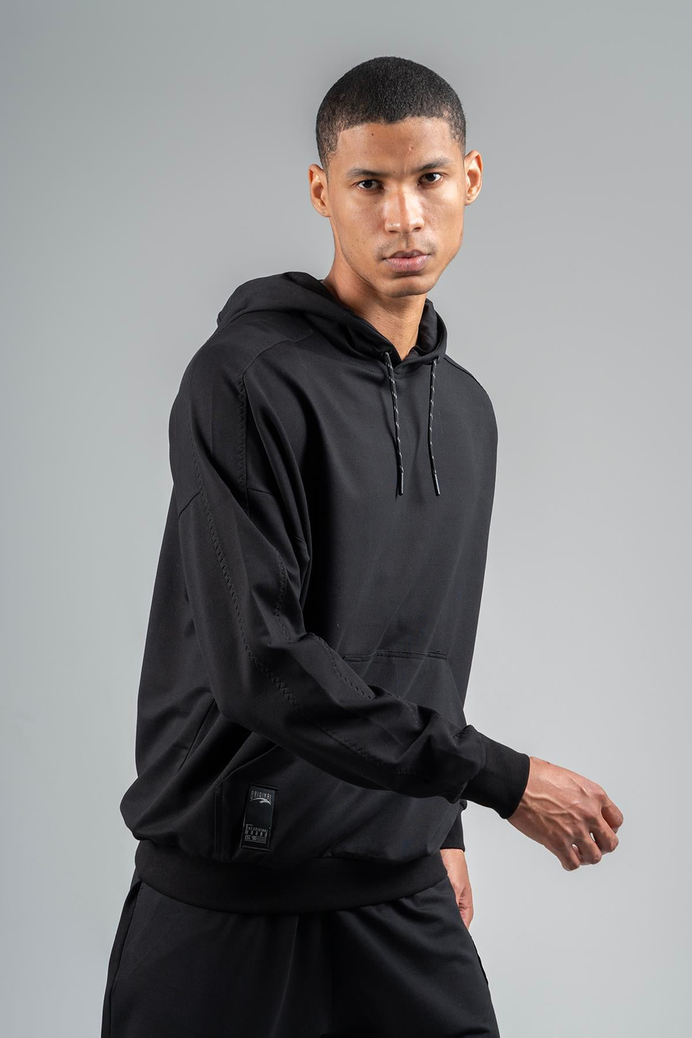 Maraton Sportswear Oversize Erkek Kapşonlu  Düşük Kol Basic Siyah Sweatshirt 23117